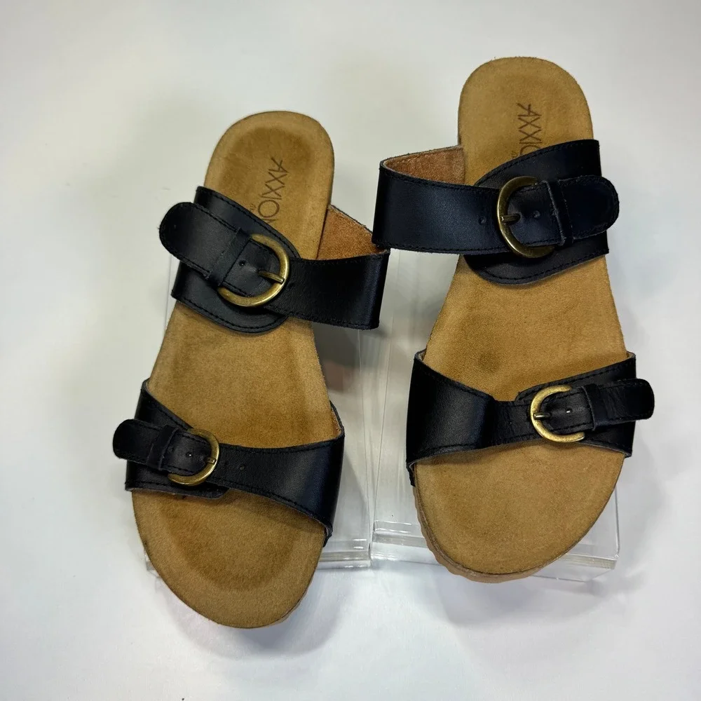 Axxiom Ravine Black Leather Wedge Sandals Slides Women 7M Cork Heel Comfort-core